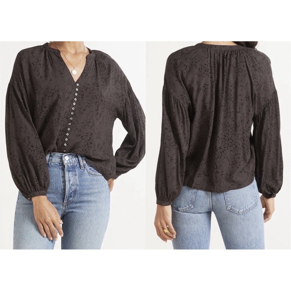Z Supply Black V-Neck‎ Mazzy Stamped Long Sleeve Rayon Top Minimalist Classic
